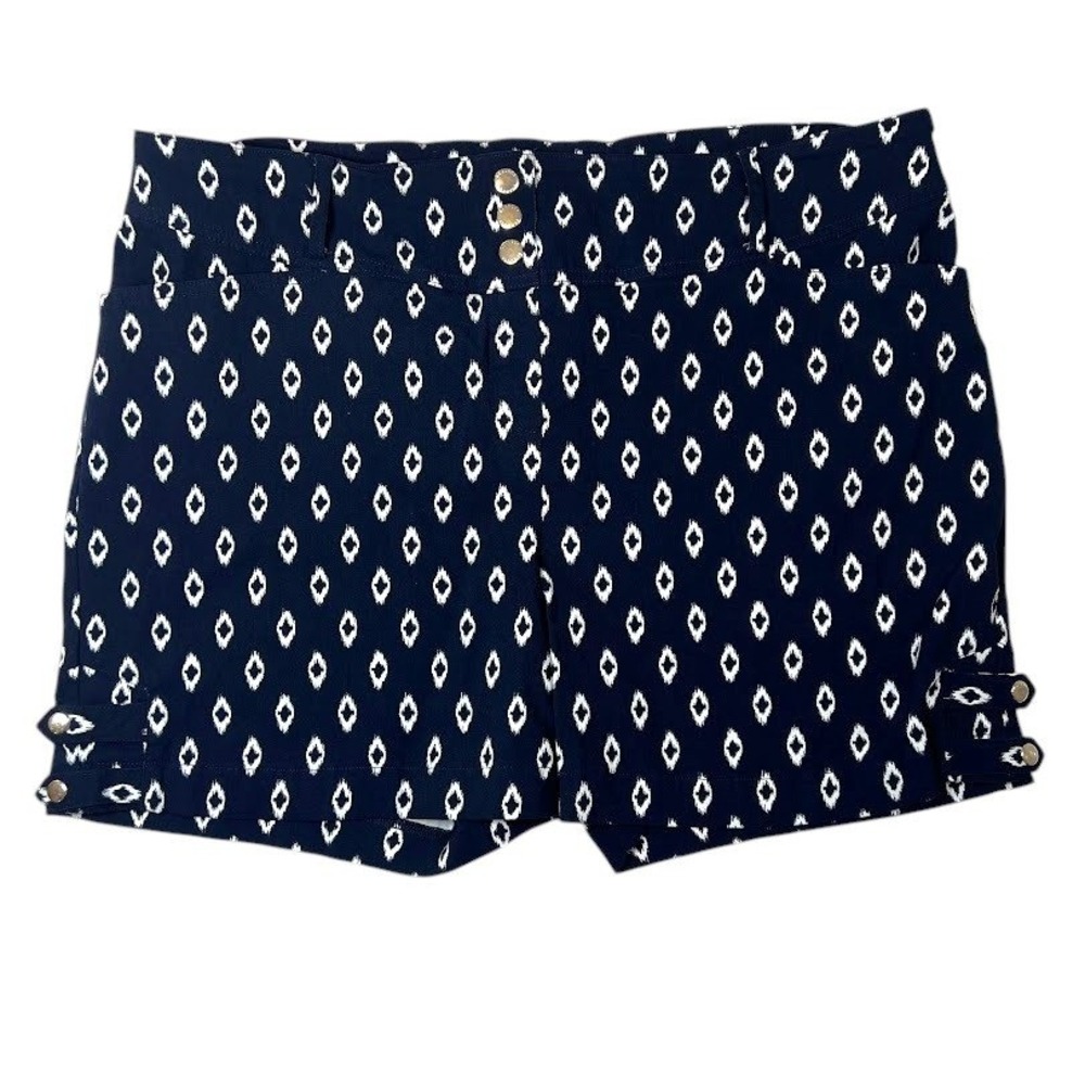 Rekucci Womens Navy Ikat Diamond Print Pull On Shorts Gold Button Size 18